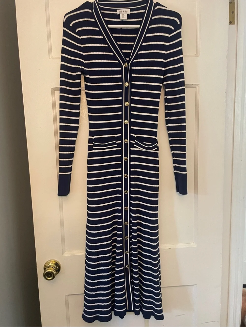 Nicole Miller Navy and White Striped Button-Front Knit Dress